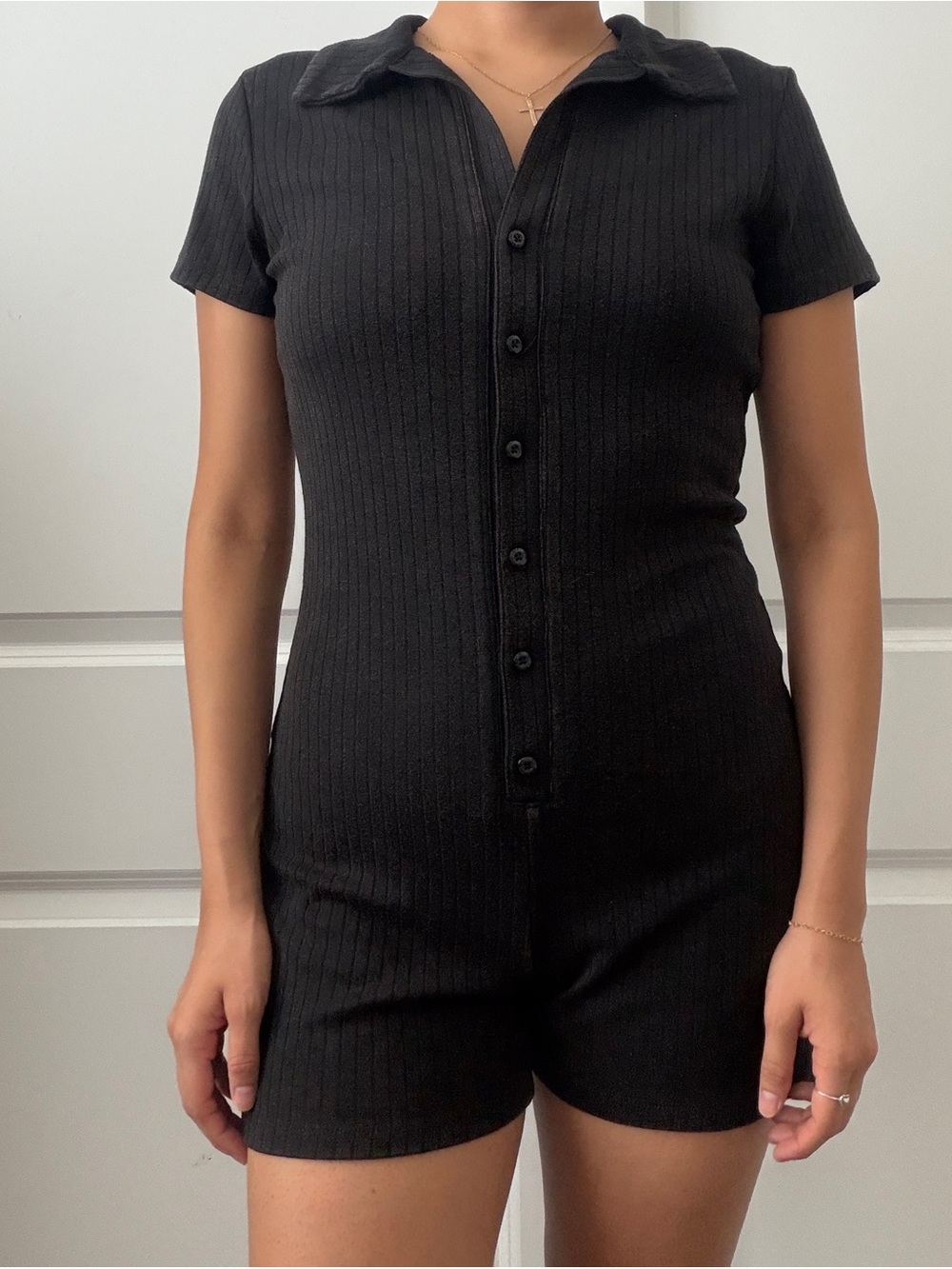 wild fable Black Ribbed Button-Front Short Sleeve Romper